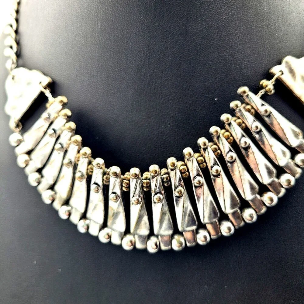 Vintage Silver & Gold-Tone Beaded Statement Necklace Chain Adjustable Closure - Picture 3 of 5